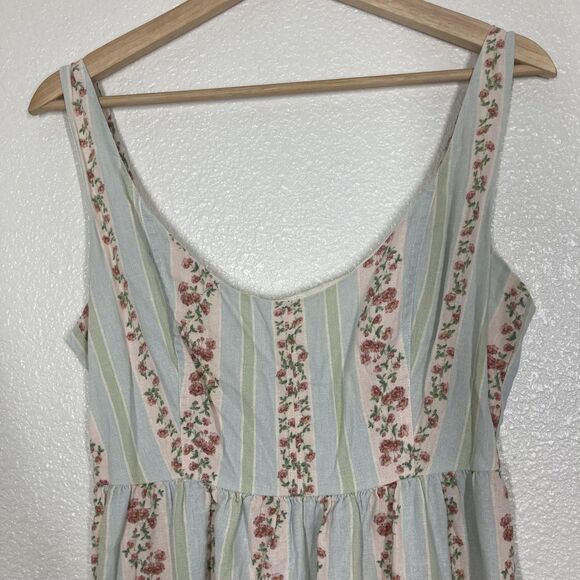 WeWoreWhat Dress Womens Large Blue Green Floral Stripe Linen Blend Midi Back Zip - Picture 3 of 16